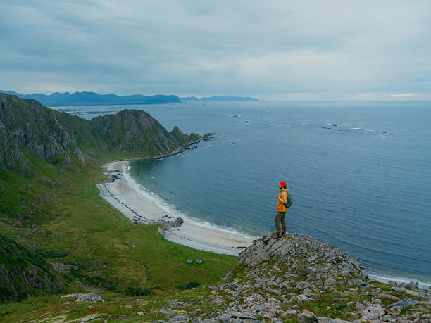 istock Man standing at the cliff looking at Lofoten Islands from above 2206130918