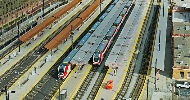 Aerial shot of train station in Diridon, a neighborhood in San Jose, Santa Clara County, California on an overcast day.\n\nAuthorization was obtained from the FAA for this operation in restricted airspace.
