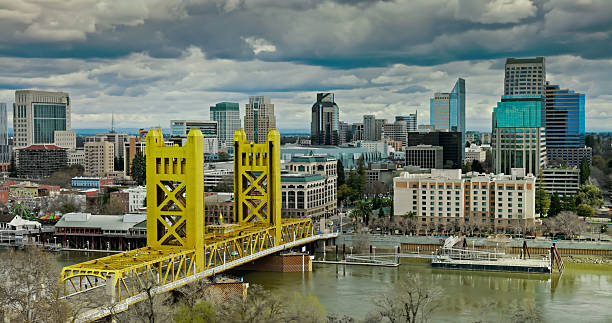 Aerial View of Tower Bridge. showing the capital building, sacramento river, old sacramento and the financial centers in West Sacramento