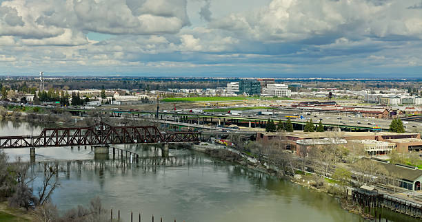 istock I-5 Traffic Passing Old Sacramento Waterfront District - Aerial 2206139716