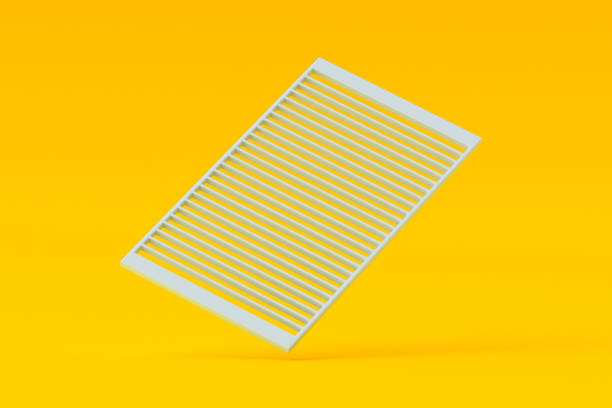 Falling grill grid on orange background. Empty rough metal grate for bbq. Picnic equipment. 3d render