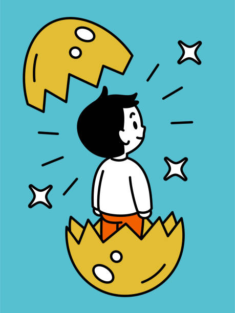 A cute boy emerging from a cracked golden eggshell. Three-quarter rear view, black outline with flat colors, minimalist style Minimalist Style Characters Designs Vector Art Illustration.
A cute boy emerging from a cracked golden eggshell. Three-quarter rear view, black outline with flat colors, minimalist style. broken egg top view stock illustrations