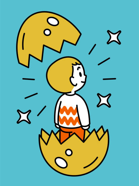 A cute boy emerging from a cracked golden eggshell. Three-quarter rear view, black outline with flat colors, minimalist style Minimalist Style Characters Designs Vector Art Illustration.
A cute boy emerging from a cracked golden eggshell. Three-quarter rear view, black outline with flat colors, minimalist style. broken egg top view stock illustrations