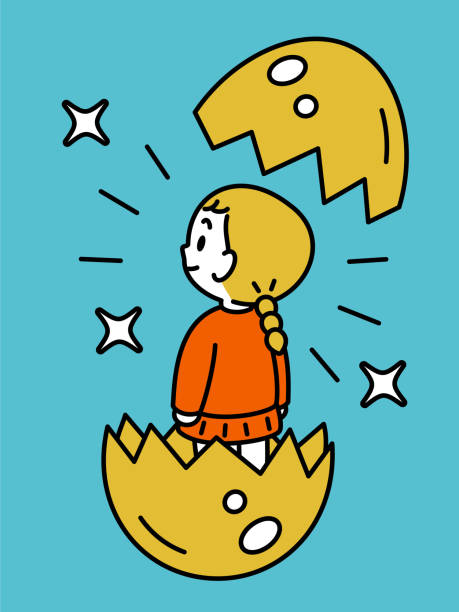 A cute girl emerging from a cracked golden eggshell. Three-quarter rear view, black outline with flat colors, minimalist style Minimalist Style Characters Designs Vector Art Illustration.
A cute girl emerging from a cracked golden eggshell. Three-quarter rear view, black outline with flat colors, minimalist style. broken egg top view stock illustrations