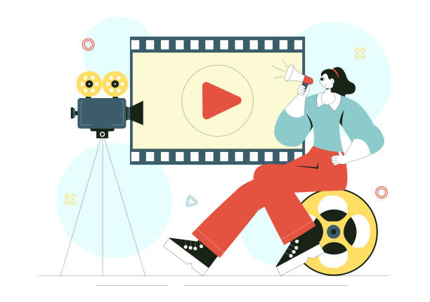 istock Film Festival Vector Illustration Featuring Cinematography and the Process of Shooting Movies and Films in a Studio with Camera and Filmstrip 2206148535