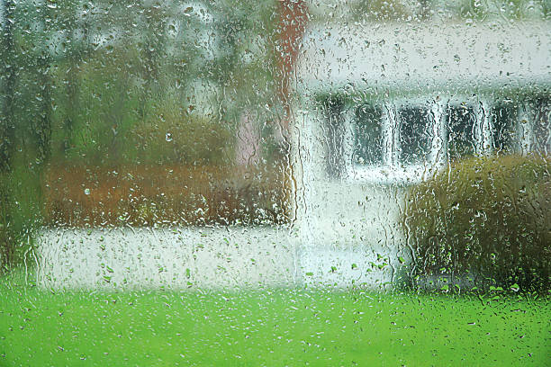 Rain on a window with garden