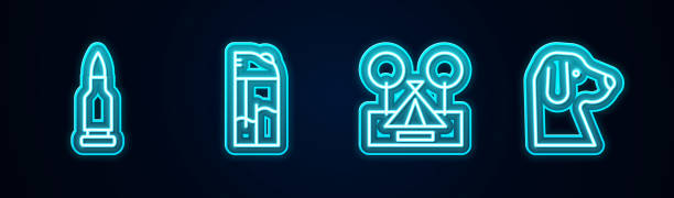 istock Set line Bullet, Lighter, Tourist tent and Dog. Glowing neon icon. Vector 2206156236