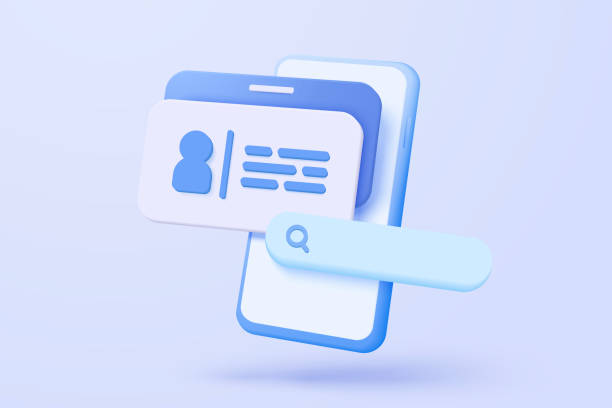 istock 3d business card icon with search bar or magnifying glass for research info on mobile phone. Card with personal badge, identity profile, staff company. 3d magnifier icon vector render illustration 2206159796