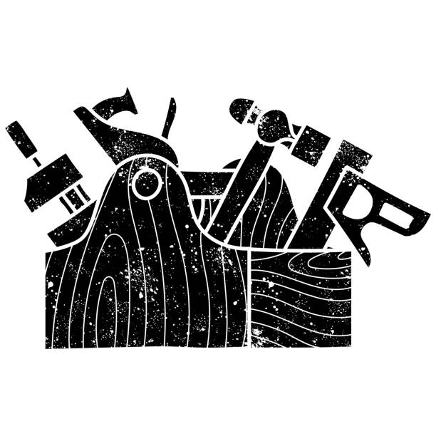 Tools in wooden toolbox black hand drawn icon in grunge look