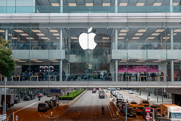 Hong Kong. China- 02.21.2025. A close in exterior view of the Apple retail store with a large Apple logo in the IFC Mall, Central district.