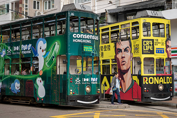 Hong Kong. China- 02.21.2025. Double decker trams at the Happy Valley Terminus waiting to start their service route.