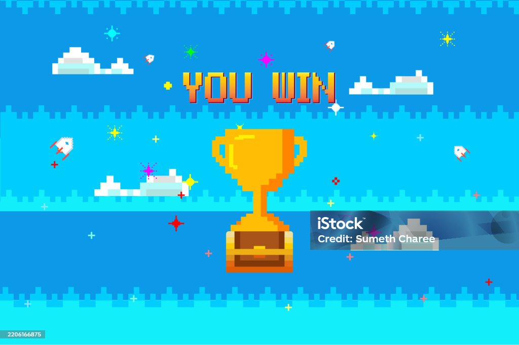 8 Bit Victory Text You Win Text With Golden Trophy 8bit Retro Video Game Interface Nature ...