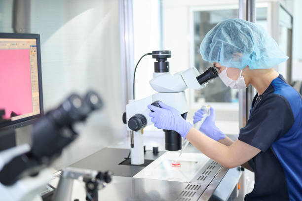 istock Embryologist using a microscope in the culture room 2206167813