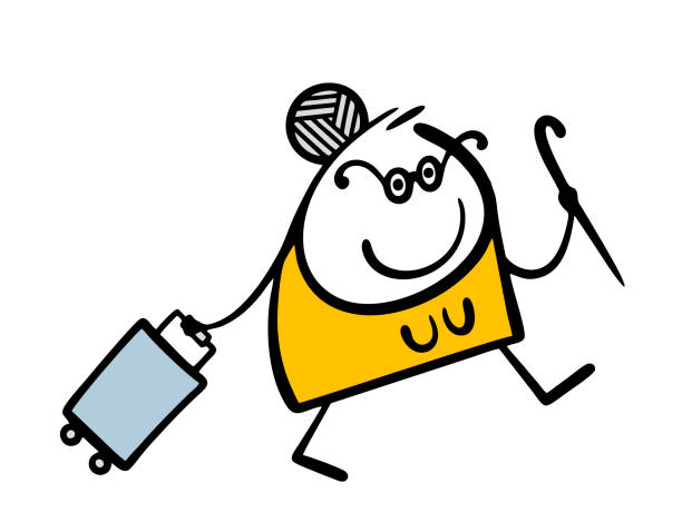 ilustraciones, imágenes clip art, dibujos animados e iconos de stock de la anciana camina a paso ligero con una maleta con ruedas. ilustración vectorial de un viajero con canas y gafas. stickman aislado de dibujos animados sobre fondo blanco. - equipaje con ruedas