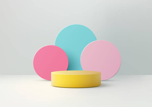 istock minimalist 3d yellow podium with pastel pink blue circular backdrops, geometric product display mockup 2206171086