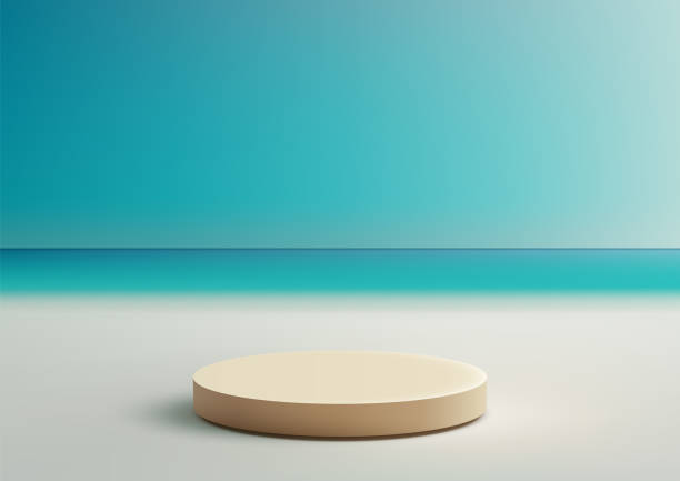 istock minimalist 3d beige circular platform on beach with ocean horizon and blue gradient sky for product display mockup 2206171097
