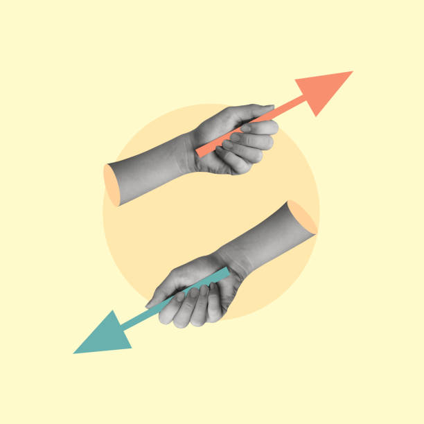 istock Modern art collage of hands with arrows pointing in different directions. 2206179914