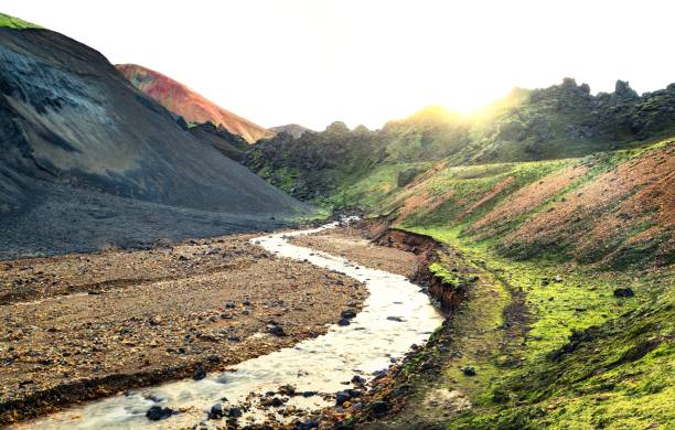 A stunning landscape of a vibrant Icelandic valley with a winding stream and sunlit hills.