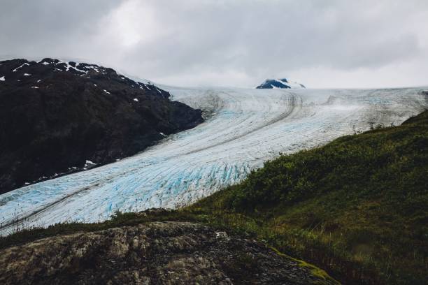 A stunning view of a glacier surrounded by rocky mountains and lush greenery under a cloudy sky.