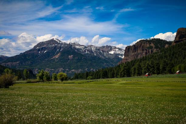 istock Lush Meadow with Snow-Capped Mountains and Red Barn 2206183678