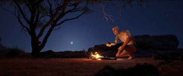 istock Primitive man was able to make fire himself for the first time, he is shocked 2206184875