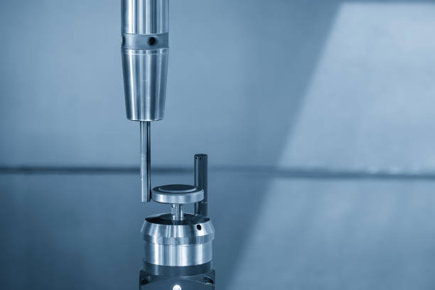 The tool diameter measurement operation on CNC milling machine in the light blue scene. The tooling compensation measuring operation with dial gauges in the light blue scene.
