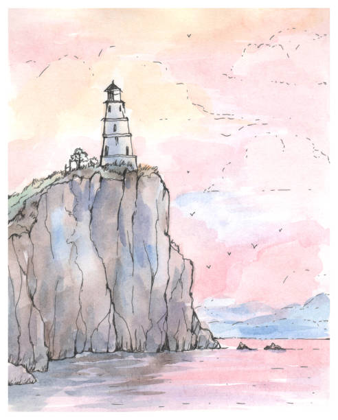 istock Watercolor sketch of a lighthouse on a cliff. Isolated image on a white background 2206191527
