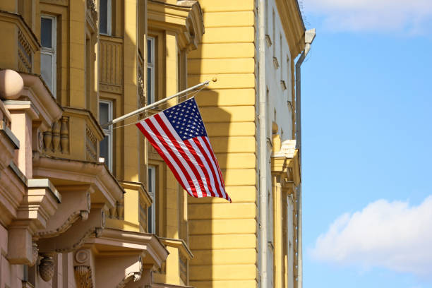 istock American flag on US embassy facade in Moscow 2206193098