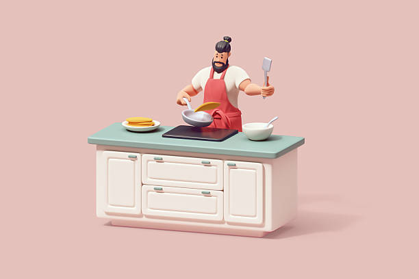 3d render of young casual muscular cute funny kawaii handsome smiling bearded brunette man in t-shirt, red apron happily cooking pancakes for family in his kitchen at home in morning pastel background