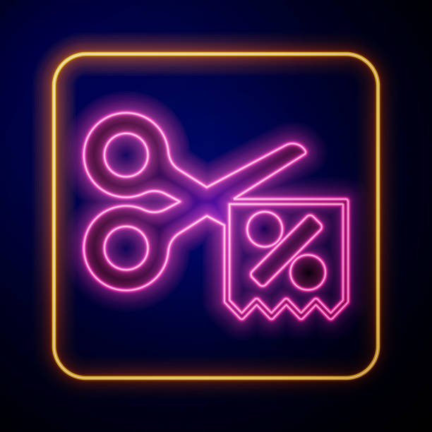 istock Glowing neon Scissors cuts discount coupon icon isolated on black background. The concept of selling in an online supermarket at low prices or half the cost. Vector 2206193982