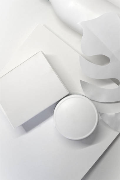 istock Mockup of a white box, white palm leaf and jar 2206195197