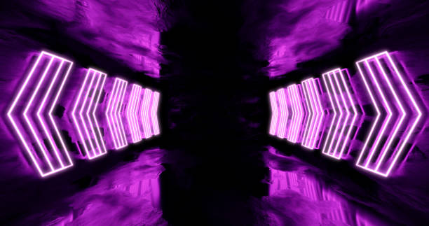 istock 3d render. Geometric figure in neon light against a dark tunnel. Laser glow. 2206201142