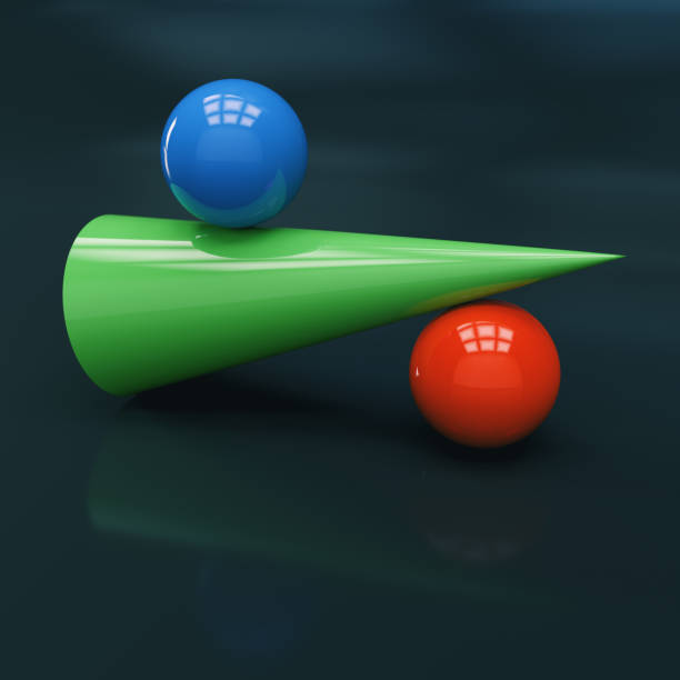 A visually striking CGI-rendered composition featuring a green conical structure precariously balancing two glossy spheres—one blue on top and one red at the base. The reflective surfaces and the deep, moody background enhance the sense of tension, weight distribution, and delicate equilibrium. This minimalist and surreal arrangement explores the interplay between stability and precariousness, symbolizing balance, duality, and contrast in abstract form.