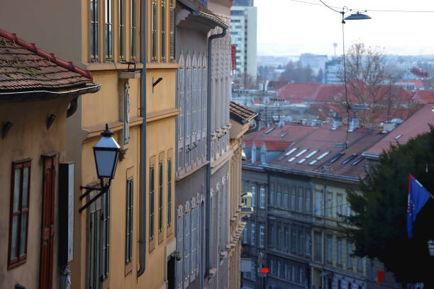 Colorful historic buildings in central Zagreb, Croatia.