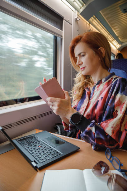 istock Beautiful woman riding intercity day train and using smart phone 2206212971