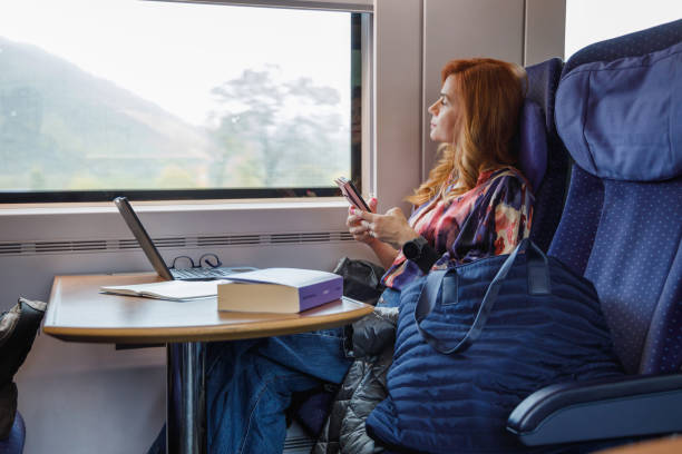 istock Beautiful woman riding intercity day train, using smart phone, looking through window 2206213438