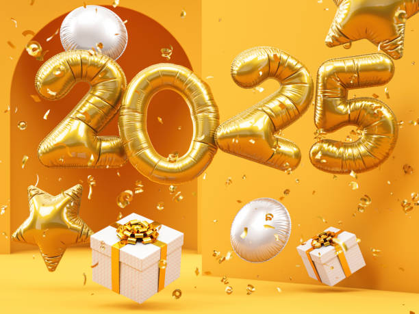 istock 2025 New Year Balloon with Gift Boxes and Confetti 2206214870