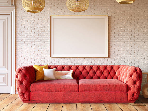 istock Empty Mock up Picture Frame on Cozy Living Room's Wall 2206215524