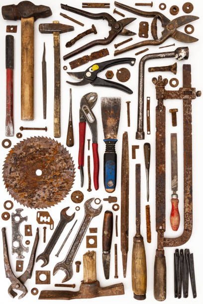istock Flat lay of old hand tools on white background. 2206226011