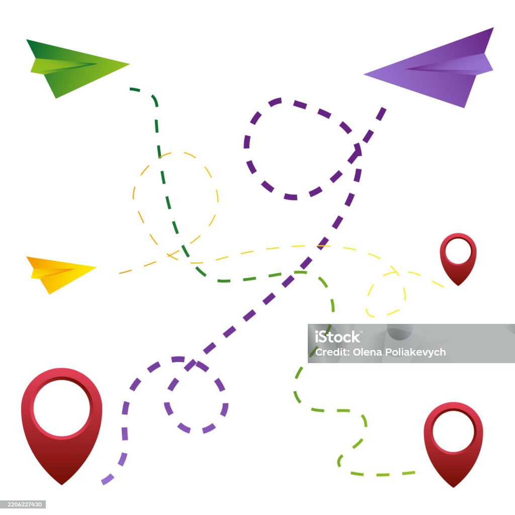 Flight Pin Vector Paper Planes Flying Dashed Flight Paths Travel Location Pins Vector Air ...