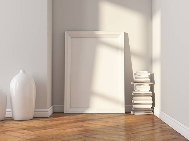 istock Vertical white wooden poster Frame Mockup for art standing on floor in room 2206234872