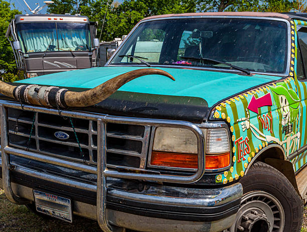 Old Pickup With Longhorns on The Front in Chappell Hill, Texas, USA