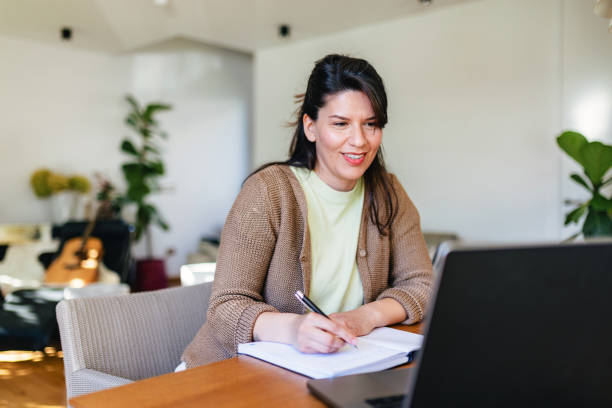 istock Caucasian Woman Learning at Home Using Laptop 2206241253