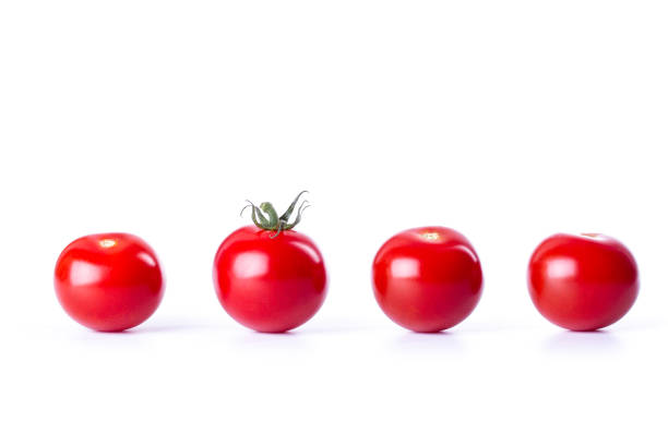 istock Fresh red tomatoes displayed in a row on a white background showcasing their vibrant color and glossy finish while highlighting their natural freshness and appeal for culinary use 2206242482