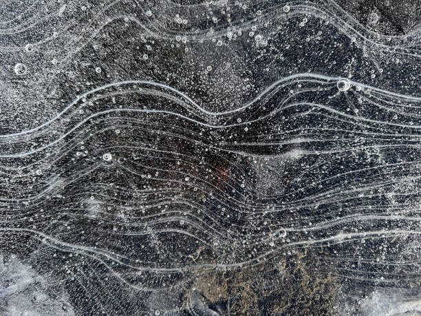 close up patterns frozen in ice from a winter outdoors landscape