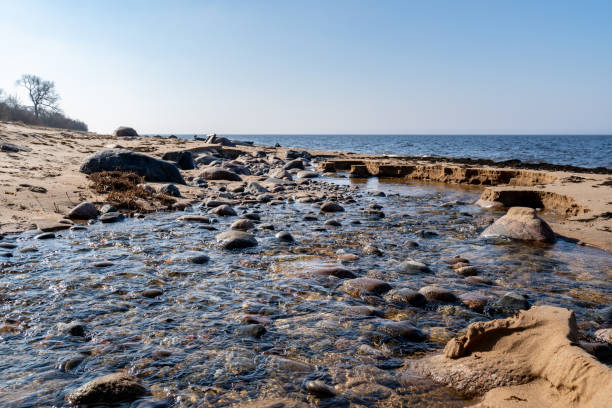 Shallow Rocky Stream Flowing into the Sea on a Sandy Beach