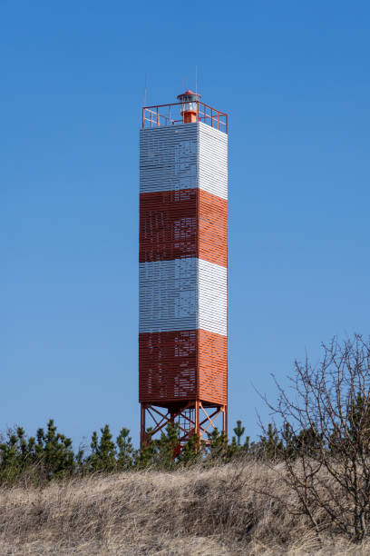 istock Tall Striped Coastal Lighthouse Tower Against a Clear Blue Sky 2206245336