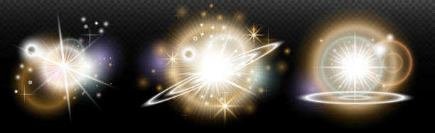 istock Set of flash light effect with glare and glow on a transparent background. Magic, rainbow glow, shining light, stars, optical flares for design, photomontage, New Year and holiday projects. 2206245950