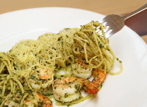 Plate of Delectable Spaghetti with Shrimp and Pesto