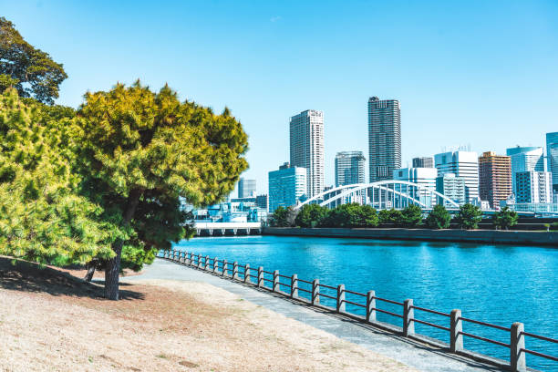 Modern buildings along sumida river in tokyo, japan, create a vibrant cityscape on a sunny day